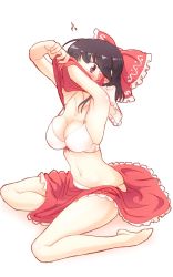 Rule 34 | 1girl, armpits, arms up, barefoot, black hair, blush, bra, breasts, clothes lift, collarbone, commentary request, covered mouth, front-tie bra, hair ribbon, hair tubes, hakurei reimu, highres, large breasts, navel, non (z-art), one-hour drawing challenge, panties, red eyes, ribbon, shirt lift, simple background, sitting, skindentation, skirt, skirt set, solo, surprised, touhou, underwear, undressing, white background, white bra, white panties