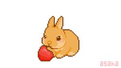 Rule 34 | :3, animal, animal focus, animated, animated gif, artist name, asaha, blush stickers, rabbit, chewing, eating, food, from side, fruit, full body, looking at viewer, looping animation, messy, no humans, original, pixel art, simple background, solo, straight-on, strawberry, symbol-only commentary, white background