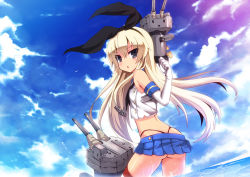 Rule 34 | 10s, 1girl, anchor, ass, black eyes, blonde hair, blush, butt crack, elbow gloves, gloves, hairband, highres, kantai collection, long hair, looking at viewer, personification, rensouhou-chan, shimakaze (kancolle), skirt, striped clothes, striped thighhighs, thighhighs, thong, uiu, whale tail (clothing), white gloves