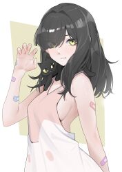 Rule 34 | 1girl, absurdres, adomiwan, animal, animal on shoulder, bandaid, bandaid on arm, bare shoulders, black cat, black hair, blush, breasts, cat, cat on shoulder, claw pose, closed mouth, dress, emi (adomiwan), expressionless, eyes visible through hair, hair over one eye, hair over shoulder, hand up, highres, long hair, medium breasts, original, sideboob, sleeveless, sleeveless dress, two-tone dress, yellow eyes