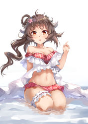 Rule 34 | 1girl, animal ears, arknights, bikini, breasts, brown hair, chahei, cleavage, commentary request, curled horns, detached sleeves, eyjafjalla (arknights), flower, groin, hair flower, hair ornament, hair rings, hand up, highres, horns, long hair, looking at viewer, medium breasts, navel, parted lips, pink flower, puffy short sleeves, puffy sleeves, red bikini, red eyes, red sleeves, seiza, shallow water, sheep ears, sheep girl, sheep horns, short sleeves, sitting, solo, swimsuit, very long hair, water, white background