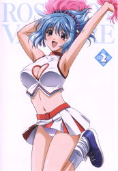 Rule 34 | 00s, 1girl, :d, alternate costume, armpits, arms up, belt, blue hair, blush, breasts, cheerleader, cleavage, cleavage cutout, clothing cutout, copyright name, cover, female focus, heart, heart cutout, highres, jumping, kurono kurumu, large breasts, legs, looking at viewer, midriff, miniskirt, navel, official art, open mouth, panties, pantyshot, pom pom (cheerleading), purple eyes, rosario+vampire, shoes, short hair, skirt, smile, sneakers, socks, solo, thighs, turtleneck, underwear, upskirt, white panties, white socks