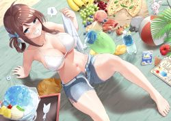 Rule 34 | 1girl, alternate costume, banana, barefoot, bikini, blue eyes, bottle, breasts, brown hair, cherry, chougei (kancolle), cleavage, crab, cross-laced clothes, cross-laced shorts, curvy, enemy lifebuoy (kancolle), food, fruit, grapes, highres, kantai collection, large breasts, looking at viewer, medium hair, navel, partially submerged, pizza, shorts, smile, solo, spoken sweatdrop, sweatdrop, swimsuit, water bottle, white bikini, yui (seiga)