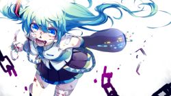Rule 34 | 1girl, absurdres, bandages, bandaid, blood, blue eyes, chain, detached sleeves, green hair, hair between eyes, hatsune miku, highres, hisame, long hair, nail polish, necktie, open mouth, skirt, solo, very long hair, vocaloid, white background