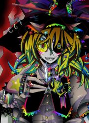 Rule 34 | 1girl, bad id, bad pixiv id, black sclera, blonde hair, bracelet, brass knuckles, buttons, collar, colored sclera, colorful, contemporary, dress shirt, earrings, female focus, gloves, hat, heterochromia, highres, jewelry, kirisame marisa, mismatched sclera, multicolored hair, piercing, ribbon, ring, senmu (0107), sharp teeth, shirt, smile, solo, spirit, star (symbol), teeth, touhou, weapon, witch, witch hat, zipper