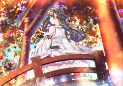 Rule 34 | 1girl, autumn leaves, bare shoulders, black hair, boots, brown eyes, detached sleeves, from behind, hair ornament, hairclip, haruna (kancolle), headgear, kantai collection, leaf, long hair, looking at viewer, maple leaf, nontraditional miko, red skirt, skirt, smile, solo, suou sakura, thigh boots, thighhighs, torii, wide sleeves