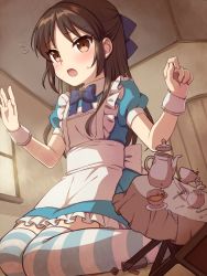 Rule 34 | 1girl, alice (alice in wonderland), alice (alice in wonderland) (cosplay), alice in wonderland, apron, artist request, blue bow, blue bowtie, blue dress, blue thighhighs, bow, bowtie, brown eyes, brown hair, cosplay, cup, dress, giant, giantess, hair bow, highres, idolmaster, idolmaster cinderella girls, indoors, long hair, name connection, open mouth, puffy short sleeves, puffy sleeves, saucer, short sleeves, sitting, solo, spoon, striped clothes, striped thighhighs, sweatdrop, table, tachibana arisu, teacup, teapot, thighhighs, wariza, white apron, white thighhighs, wrist cuffs
