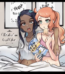 Rule 34 | 2girls, :t, arm around shoulder, black hair, blue hair, blush, breasts, character name, chips (food), closed mouth, collarbone, commentary request, creatures (company), cropped shirt, dark-skinned female, dark skin, eating, echizen (n fns17), eyelashes, food, game freak, gen 3 pokemon, green eyes, hand up, highres, holding, indoors, long hair, multicolored hair, multiple girls, navel, nessa (pokemon), nintendo, open mouth, orange hair, pillow, pokemon, pokemon (creature), pokemon swsh, potato chips, shirt, short sleeves, sleeveless, sleeveless shirt, sonia (pokemon), teeth, tongue, two-tone hair, under covers, white shirt, wingull