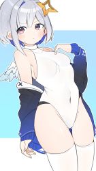 Rule 34 | 1girl, alternate breast size, amane kanata, angel, angel wings, blue hair, blue jacket, blush, bob cut, breasts, colored inner hair, covered navel, embarrassed, feathered wings, fingernails, grey hair, groin, halo, halterneck, highleg, highleg swimsuit, highres, hololive, jacket, kuma no bansoukou, looking at viewer, mini wings, multicolored hair, one-piece swimsuit, pink eyes, short hair, single hair intake, skin tight, skindentation, small breasts, solo, star halo, sweatdrop, swimsuit, thighhighs, virtual youtuber, white one-piece swimsuit, white thighhighs, white wings, wings
