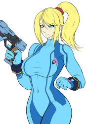 Rule 34 | 1girl, blonde hair, blue bodysuit, blue eyes, bodysuit, bracelet, breasts, clenched hand, closed mouth, collarbone, covered navel, cowboy shot, directed-energy weapon, energy gun, energy weapon, finger on trigger, groin, gun, hair between eyes, hair tie, handgun, high ponytail, hip focus, holding, holding gun, holding weapon, impossible bodysuit, impossible clothes, jewelry, large breasts, looking away, mazume, medium hair, metroid, mole, mole under mouth, nintendo, paralyzer, pistol, ponytail, samus aran, sidelocks, simple background, skin tight, solo, standing, super smash bros., swept bangs, taut bodysuit, taut clothes, thighs, weapon, white background, wide hips, zero suit