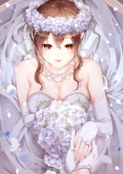 Rule 34 | 1girl, alicexxxfragment, bouquet, breasts, bridal gauntlets, bridal veil, bride, brown eyes, brown hair, dress, elbow gloves, flower, flower wreath, gloves, head wreath, highres, holding, holding bouquet, jewelry, large breasts, necklace, original, ring, sidelocks, solo focus, strapless, strapless dress, veil, wedding band, wedding dress, white dress, white flower, white gloves