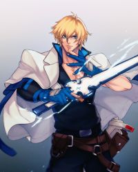 Rule 34 | 1boy, arc system works, black shirt, blonde hair, blue eyes, gloves, gradient background, guilty gear, guilty gear strive, highres, jacket, ktovhinao, ky kiske, looking at viewer, shirt, short hair, solo, sword, weapon