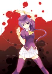 Rule 34 | 00s, 1girl, bracelet, braid, cowboy shot, dasoku sentarou, expressionless, hat, jewelry, long hair, looking at viewer, melty blood, neckerchief, pleated skirt, purple eyes, purple hair, purple hat, purple shirt, purple thighhighs, red background, shirt, sion eltnam atlasia, skirt, solo, standing, string, thighhighs, tsukihime, white skirt, zettai ryouiki