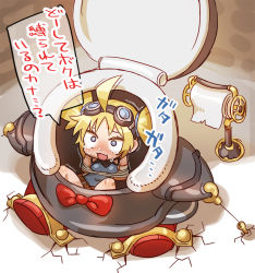 Rule 34 | 10s, 1girl, ahoge, animal costume, belt, blonde hair, blue eyes, blush, bound, chaki (teasets), comic, goggles, goggles on head, granblue fantasy, open mouth, pengie, penguin costume, short hair, short twintails, solo, tears, tied up (nonsexual), toilet paper, translation request, trembling, twintails