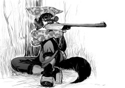 Rule 34 | 1girl, aiming, animal ears, batta (kanzume quality), boots, camouflage, camouflage jacket, fox ears, fox tail, gloves, greyscale, gun, holding, holding gun, holding weapon, jacket, knee up, long hair, long sleeves, monochrome, original, pants, rifle, scope, sitting, sniper rifle, solo, tail, weapon
