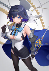 Rule 34 | 1girl, bare shoulders, black gloves, black thighhighs, blue eyes, blue hair, breasts, cape, cleavage, cleavage cutout, closed mouth, clothing cutout, gloves, grey background, hair ornament, highres, holding, holding weapon, hololive, hololive english, kojo (0124), large breasts, looking at viewer, ouro kronii, short hair, smile, solo, standing, thighhighs, thighs, virtual youtuber, weapon