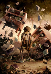 Rule 34 | 1boy, artist name, book, chair, hat, highres, looking at viewer, male focus, md5 mismatch, necktie, no shoes, noeyebrow (mauve), original, outdoors, resolution mismatch, shorts, sitting, socks, solo, source smaller, surreal, suspenders, tree, water