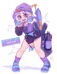 Rule 34 | 1girl, bandaid, bandaid on leg, beanie, blue eyes, character request, colored tongue, ear piercing, full body, hat, highres, looking at viewer, momoiiroo, nintendo, octoling, octoling girl, octoling player character, open mouth, piercing, purple hair, purple hat, purple socks, purple tongue, sandals, short hair, simple background, smile, socks, solo, splat charger (splatoon), splatoon (series), splatoon 3, teeth, tentacle hair, tongue, white background, zipper, zipper pull tab