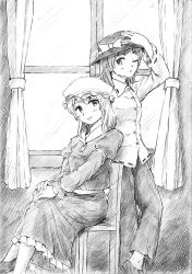 Rule 34 | 2girls, :o, blouse, chair, crossed legs, curtains, dress, greyscale, hand on headwear, hands on knee, hat, hat ribbon, interior, juliet sleeves, long sleeves, looking at another, looking at viewer, maribel hearn, mob cap, monochrome, multiple girls, one eye closed, own hands together, pants, puffy sleeves, ribbon, sash, shirt, short hair, sitting, smile, touhou, traditional media, usami renko, vent arbre, window, wink