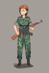 Rule 34 | 1girl, absurdres, ak-47, assault rifle, beret, boots, camouflage, cross-laced footwear, grzegorz1996, gun, hat, highres, indonesia, kalashnikov rifle, lace-up boots, military, military uniform, multicolored pants, pants, red hat, rifle, soldier, uniform, weapon