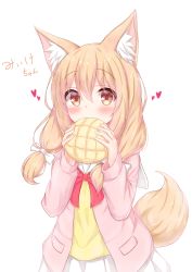 Rule 34 | 1girl, absurdres, animal ears, blush, borrowed character, bow, bread, brown eyes, brown hair, eating, food, fox ears, fox girl, fox tail, heart, highres, jacket, long sleeves, looking at viewer, mafu makura, melon bread, pink jacket, red bow, simple background, skirt, solo, standing, tail, white background, white skirt