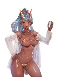 Rule 34 | 1girl, :d, beer can, bikini, bikini under clothes, blue hair, body piercings, bow, bow (bhp), breasts, can, choker, cleavage, collarbone, collared shirt, covered erect nipples, cowboy shot, dark-skinned female, dark skin, dress shirt, drink can, drunk, fangs, gluteal fold, hair bow, halterneck, hand on own hip, heavy breathing, holding, horns, large breasts, long hair, long sleeves, looking at viewer, micro bikini, navel, navel piercing, off shoulder, oni, oni horns, open clothes, open mouth, open shirt, orange eyes, original, piercing, pointy ears, ponytail, red bow, shiny skin, shirt, side-tie bikini bottom, sidelocks, simple background, sketch, skindentation, smile, solo, stomach, string bikini, swept bangs, swimsuit, swimsuit under clothes, tiger stripes, underboob, white background, white shirt