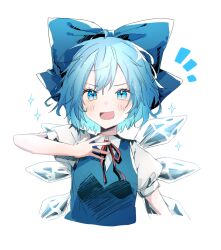 Rule 34 | 1girl, :d, blue bow, blue eyes, blue hair, bow, cirno, cropped torso, detached wings, furawast, hair bow, highres, ice, ice wings, looking at viewer, open mouth, short hair, short sleeves, simple background, smile, solo, star (symbol), touhou, upper body, white background, wings