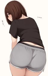 Rule 34 | 1girl, ass, black panties, black shirt, blush, bob cut, brown eyes, brown hair, closed mouth, commentary request, dolphin shorts, from behind, grey background, grey shorts, hair between eyes, highres, kapatarou, leaning forward, looking at viewer, looking back, original, panties, revision, shirt, short shorts, short sleeves, shorts, simple background, solo, translation request, underwear