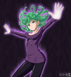 Rule 34 | 1girl, absurdres, cosplay, dress, flat chest, green eyes, green hair, highres, latex, legs, matching hair/eyes, one-punch man, outstretched arms, pantyhose, short hair, simple background, solo, spread arms, stiky finkaz, tatsumaki, zone-tan