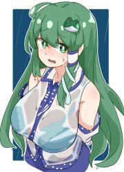 Rule 34 | 1girl, :3, be yu, blue skirt, bra visible through clothes, detached sleeves, embarrassed, frog, frog hair ornament, green eyes, green hair, hair ornament, hair tubes, highres, kochiya sanae, long hair, nontraditional miko, open mouth, rain, see-through, see-through shirt, shirt, single hair tube, skirt, snake, snake hair ornament, solo, sweatdrop, touhou, upper body, wet, wet clothes, wet shirt