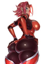 Rule 34 | 1girl, absurdres, ass, back, blue eyes, blush, bodysuit, breasts, code geass, greatmosu, hair intakes, hands on own hips, headband, highres, huge ass, kouzuki kallen, large breasts, looking at viewer, looking back, open mouth, pink hair, red bodysuit, short hair, simple background, solo, thick thighs, thighs, white background, wide hips