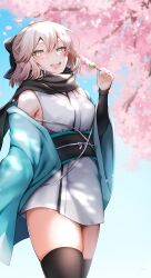 Rule 34 | 1girl, ahoge, black bow, black scarf, black thighhighs, blonde hair, blue sky, blush, bow, cherry blossoms, commentary request, dango, fate/grand order, fate (series), floating hair, food, green eyes, hair bow, half updo, haori, highres, holding, holding food, ichi kq, japanese clothes, kimono, koha-ace, looking at viewer, obi, off shoulder, okita souji (fate), okita souji (koha-ace), open mouth, outdoors, petals, sash, scarf, short hair, short kimono, sky, smile, solo, teeth, thighhighs, thighs, upper teeth only, wagashi, white kimono