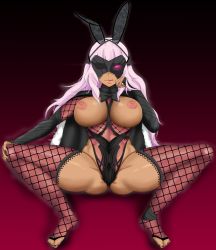 Rule 34 | 1girl, animal ears, ass, bow, bowtie, breasts, curvy, dark-skinned female, dark skin, fail (super robot wars x-omega), female focus, highleg, highleg leotard, highres, large breasts, leotard, long hair, mask, nail polish, naughty face, nipples, pink hair, rabbit ears, shatte judevesten, shiny skin, solo, spread legs, squatting, super robot wars, super robot wars x-omega, thighhighs, tongue, tongue out