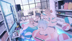 Rule 34 | 4girls, ahoge, animal ear fluff, animal ears, aqua bikini, aqua eyes, ball, beachball, bikini, black bikini, black hair, blue bikini, blush, bookshelf, braid, breasts, brown hair, chair, cleavage, closed mouth, commentary, controller, criss-cross halter, cup, english commentary, eyewear on head, game console, game controller, hair ribbon, halterneck, handheld game console, highres, hoji (hooooooooji1029), holding, holding controller, holding game controller, holding handheld game console, indoors, innertube, long hair, looking at another, looking away, lying, medium breasts, multiple girls, navel, nintendo switch, on stomach, open mouth, original, pink hair, playing games, pool, purple eyes, red eyes, red ribbon, ribbon, round eyewear, short hair, silver hair, sitting, soda bottle, stomach, stuffed toy, sunglasses, swim ring, swimsuit, television, water, yellow eyes