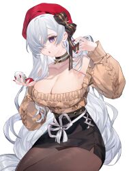 Rule 34 | 1girl, absurdres, aran sweater, azur lane, belfast (azur lane), belfast (shopping with the head maid) (azur lane), beret, black skirt, cable knit, choker, earrings, grey hair, hair over one eye, hat, highres, hoop earrings, jewelry, long hair, off-shoulder sweater, off shoulder, official alternate costume, pantyhose, pencil skirt, purple eyes, red hat, red nails, ribbon, skirt, solo, sweater, tapioga2