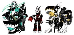 Rule 34 | 3boys, :o, adapted costume, alternate costume, amou tsukihiko, animal ears, aqua eyes, armor, belt, black hair, bodysuit, boots, cannon, cheavy, cropped jacket, expressionless, extra arms, extra mouth, fake animal ears, full body, gloves, goggles, goggles on head, hair between eyes, hair slicked back, headphones, hood, hooded jacket, jacket, jin yuuichi, kantai collection, kuga yuuma, male focus, multiple boys, pale skin, parody, red eyes, ringed eyes, screw, simple background, smile, turret, white background, world trigger, yellow eyes