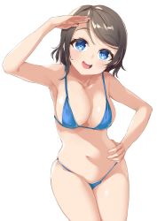 Rule 34 | 10s, 1girl, absurdres, bikini, blue bikini, blue eyes, blush, breasts, cleavage, grey hair, hand on own hip, highres, large breasts, light blush, looking at viewer, love live!, love live! sunshine!!, navel, open mouth, qwyte, salute, short hair, simple background, smile, solo, standing, swimsuit, watanabe you, white background