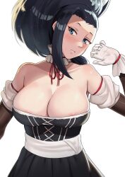 Rule 34 | 1girl, areola slip, barmaid, black hair, blue eyes, boku no hero academia, breasts, cleavage, commentary, commentary typo, detached collar, detached sleeves, english commentary, german clothes, gloves, highres, large breasts, long hair, nico-mo, ponytail, solo, sweat, white background, white gloves, yaoyorozu momo