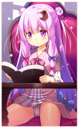 Rule 34 | 1girl, book, bow, chair, crescent, crescent hair ornament, double bun, dress, expressionless, hair bun, hair ornament, holding, indoors, long hair, panties, pantyshot, patchouli knowledge, pink dress, purple eyes, purple hair, reading, ribbon, short dress, sitting, solo, spread legs, striped clothes, striped dress, striped panties, table, thighs, touhou, underwear, upskirt, usume shirou, vertical-striped clothes, vertical-striped dress, vertical-striped panties, very long hair, white panties