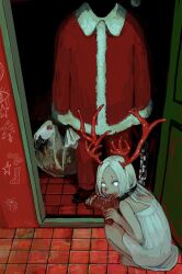 Rule 34 | 1boy, 1girl, antlers, bag, barefoot, black footwear, blood, blood on face, chain, chain leash, coat, collar, commentary, corpse, death, door, doorway, eating, faceless, faceless male, food, fur-trimmed coat, fur trim, highres, holding, holding bag, holding chain, horns, horror (theme), leash, meat, metal collar, nightgown, no pupils, open door, original, pants, parted hair, raw meat, red coat, red pants, red theme, reindeer antlers, reindeer girl, santa claus, santa costume, shida 7, shoes, squatting, standing, symbol-only commentary, tile floor, tiles, white eyes, white hair