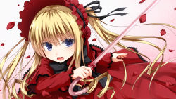 Rule 34 | 1girl, blonde hair, blue eyes, bonnet, cane, dress, drill hair, flower, haryuu (poetto), highres, long hair, long sleeves, open mouth, petals, ribbon, rose, rozen maiden, shinku, solo, twintails, white background