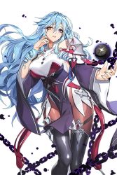 Rule 34 | 1girl, alkyde (soccer spirits), blue hair, boots, breasts, catharsis (soccer spirits), chain, dark persona, drill hair, high heel boots, high heels, large breasts, long hair, looking to the side, orb, pantyhose, purple eyes, red eyes, soccer spirits, transparent background, vakasatang, white background, wizard