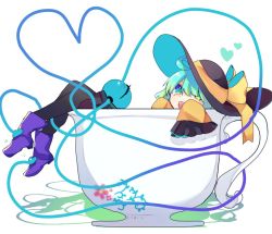 Rule 34 | 1girl, aqua eyes, aqua hair, black hat, black pantyhose, blue eyes, boots, bow, cup, floral print, full body, hat, hat bow, heart, heart of string, in container, in cup, komeiji koishi, looking at viewer, lying, miko (miko030751), mini person, minigirl, multicolored eyes, open mouth, pantyhose, purple footwear, sleeves past fingers, sleeves past wrists, smile, solo, teacup, third eye, touhou, wide sleeves, yellow bow, yellow eyes