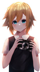 Rule 34 | 1boy, absurdres, basil (faraway) (omori), basil (omori), blue eyes, blush, brown hair, camera, closed mouth, collared shirt, commentary, hair between eyes, hands up, highres, holding, holding camera, looking at viewer, male focus, omori, romaji commentary, shirt, short sleeves, simple background, solo, suisen-21, sweat, sweater vest, upper body, white background, white shirt