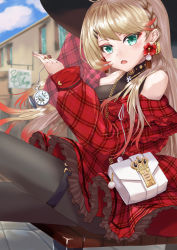 Rule 34 | 1girl, :o, arm up, azur lane, bag, bare shoulders, bench, black hat, blonde hair, blue eyes, blue sky, blush, braid, breasts, building, city, cloud, commentary request, cowboy shot, cross, cross necklace, crown braid, dating, day, dress, earrings, flower earrings, frilled dress, frills, hair between eyes, hair ornament, hairclip, handbag, hat, highres, howe (azur lane), howe (noble rouge) (azur lane), jewelry, large breasts, long hair, long sleeves, looking at viewer, multicolored hair, nail polish, necklace, off-shoulder dress, off shoulder, outdoors, pantyhose, plaid, plaid dress, pocket watch, pov dating, red dress, red hair, red nails, ring, sidelocks, sitting, sky, solo, thigh strap, two-tone hair, watch, white bag, yam (yam6056)