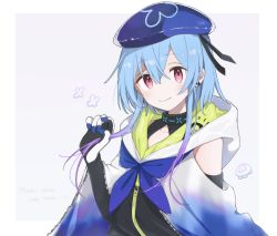 Rule 34 | 1boy, arknights, black collar, black gloves, black ribbon, black shirt, blue hair, blue hat, blue neckerchief, blush, border, character name, collar, collarbone, earclip, english text, gloves, grey background, hair between eyes, hair ribbon, hand up, hat, highres, hood, hood down, hooded jacket, infection monitor (arknights), jacket, looking at viewer, male focus, mizuki (arknights), multicolored hair, nano mochi, neckerchief, playing with own hair, purple hair, red eyes, ribbon, shirt, short hair with long locks, simple background, smile, solo, streaked hair, trap, upper body, white border, white jacket