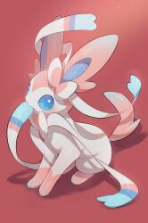 Rule 34 | absurdres, animal focus, blue eyes, blue sclera, colored sclera, commentary, creatures (company), full body, game freak, gen 6 pokemon, highres, nintendo, no humans, nullma, pokemon, pokemon (creature), red background, signature, simple background, solo, sylveon