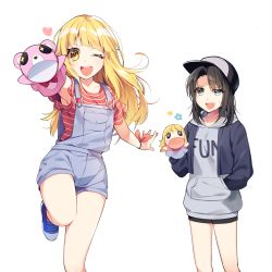 Rule 34 | + +, 2girls, ;d, bad id, bad pixiv id, bang dream!, baseball cap, black hair, black shorts, blonde hair, blue eyes, blue footwear, blue jacket, character doll, clothes writing, grey hoodie, hand in pocket, hand puppet, hat, heart, hood, hood down, hoodie, jacket, looking at another, looking at viewer, michelle (bang dream!), minori (faddy), multiple girls, okusawa misaki, one eye closed, open mouth, overall shorts, overalls, puppet, red ribbon, red shirt, ribbon, shirt, shoes, short sleeves, shorts, simple background, smile, standing, standing on one leg, striped clothes, striped shirt, sweatdrop, tsurumaki kokoro, white background, wrist ribbon, yellow eyes