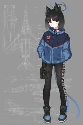 Rule 34 | 1girl, absurdres, animal ears, black eyes, black footwear, black hair, black pantyhose, blue archive, blue halo, blue jacket, blush, cat ears, cat tail, full body, halo, hands in pockets, highres, hrna, jacket, kikyou (blue archive), long sleeves, multiple tails, pantyhose, shoes, short hair, solo, tail, two tails