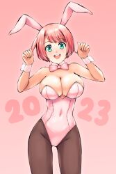 Rule 34 | 1girl, 2023, :d, animal ears, aposine, bow, bowtie, breasts, chinese zodiac, commentary, covered navel, cowboy shot, detached collar, english commentary, gradient background, green eyes, konoka (aposine), large breasts, leotard, looking at viewer, open mouth, original, pink background, pink bow, pink bowtie, pink hair, pink leotard, rabbit ears, rabbit girl, round teeth, short hair, smile, solo, swept bangs, teeth, upper teeth only, wrist cuffs, year of the rabbit